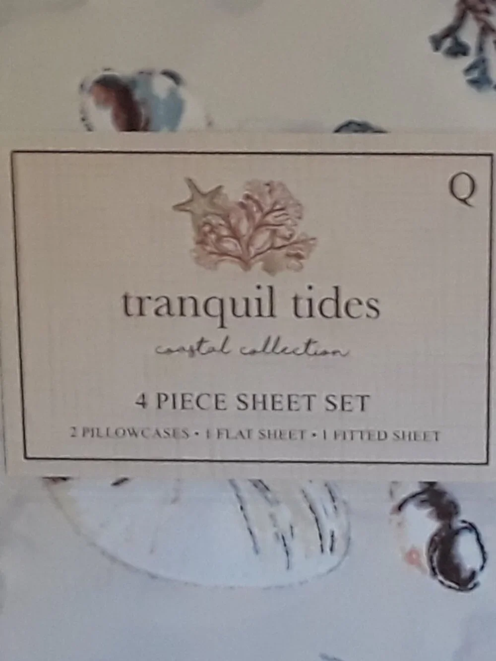 NWT Queen Sheets-Tranquil Tides Coastal Collection 4-piece set shells starfish